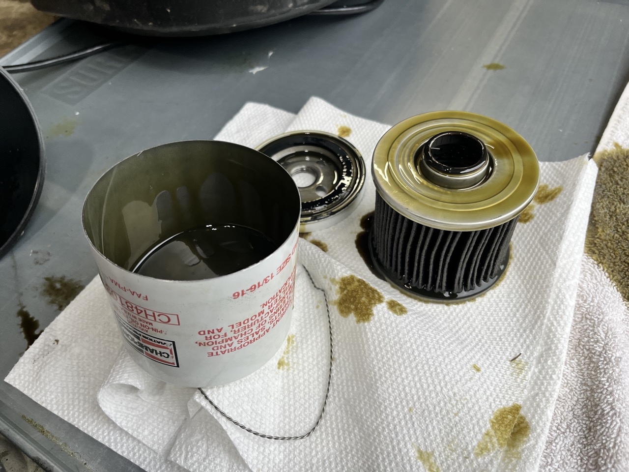 First oil filter inspection during the early N22UP maintenance phase.