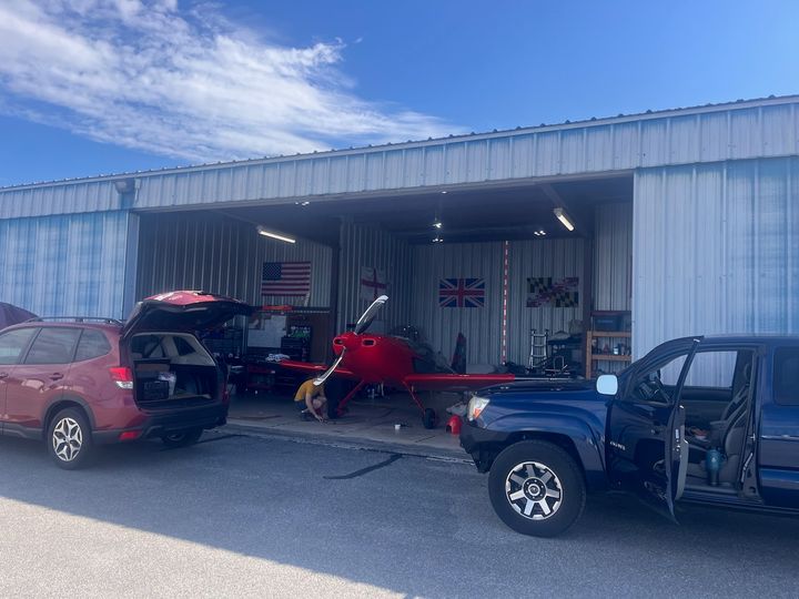An RV parked inside the hangar before the Tangier Island flight.