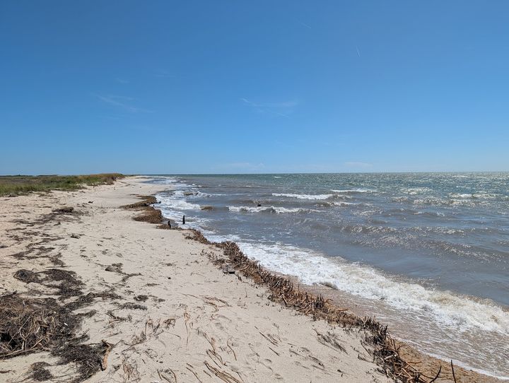 The sandy beach and eroding shoreline of Tangier Island along the Chesapeake Bay.